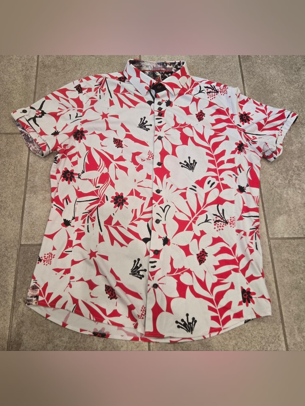 Au Noir Mens Size 4 L Short Sleeve Floral Button Down Shirt Red White Cotton